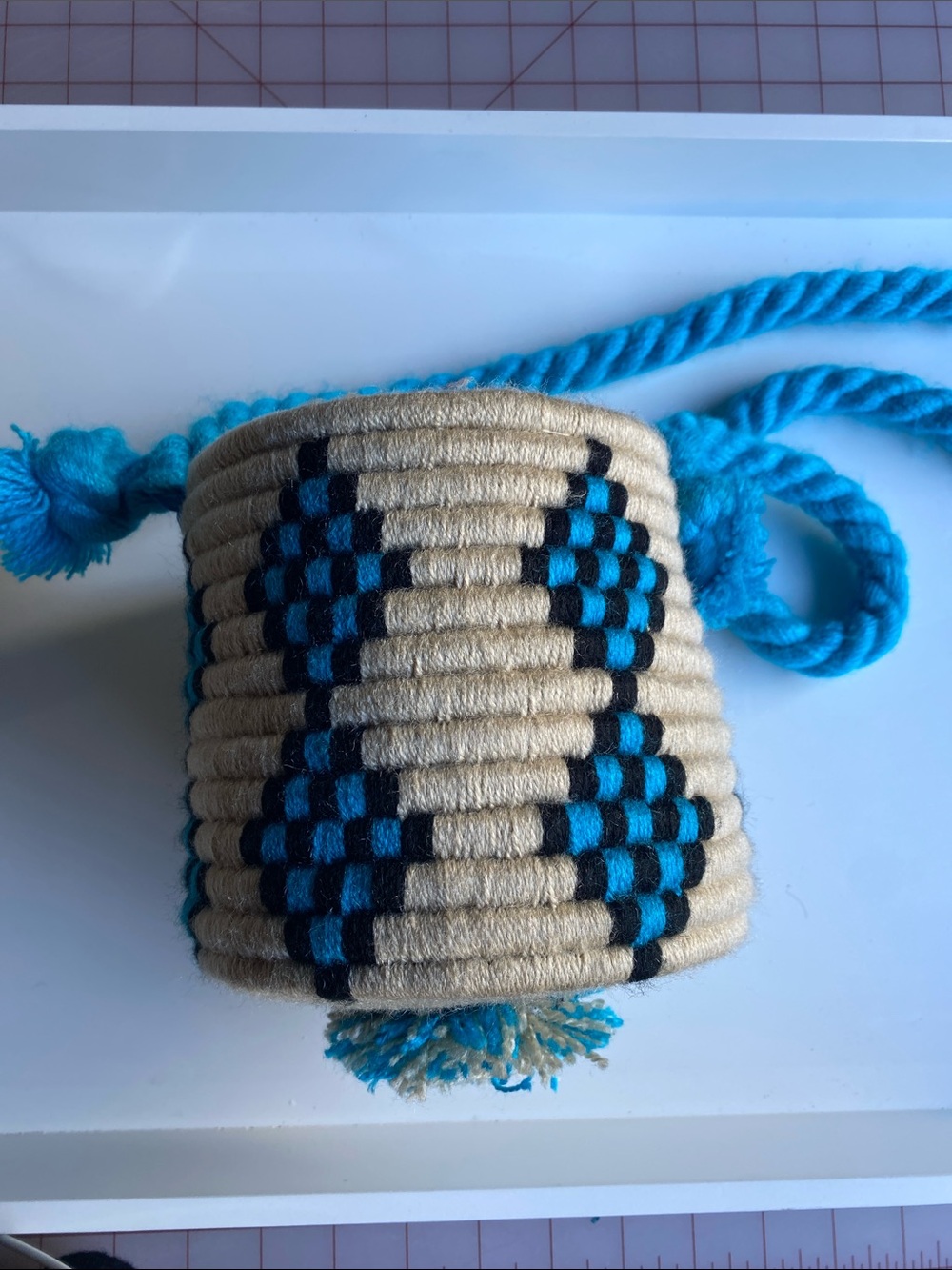 Handwoven Wool Cuff Bag in Turquoise and Cream